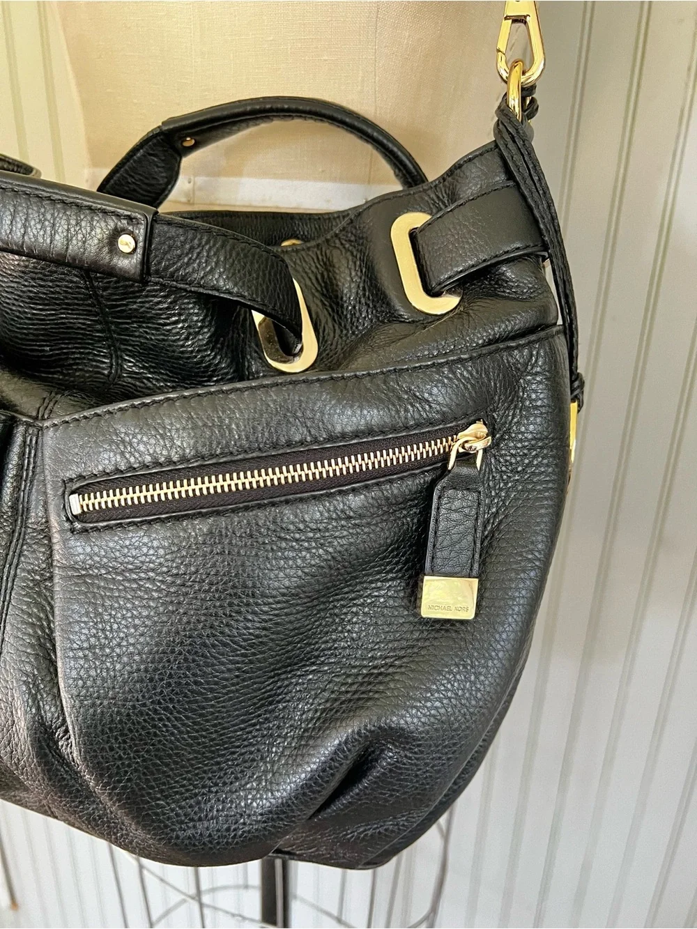 Michael Kors Pebbled Leather Black Zipper Front Satchel with Crossbody Large